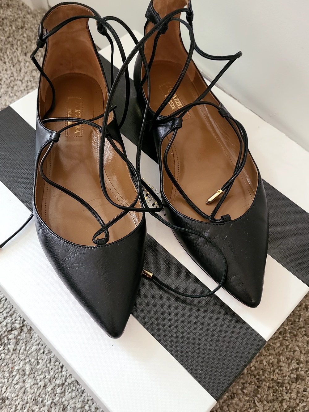 Aquazzura Black Leather Wrap Strap Flats